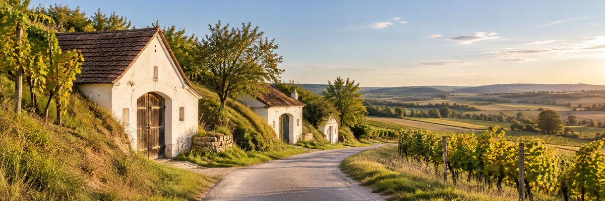 Illustration einer Kellergasse mit weißen Kellerhäusern und herbstlichen Weingärten im warmen Abendlicht des Weinviertels.