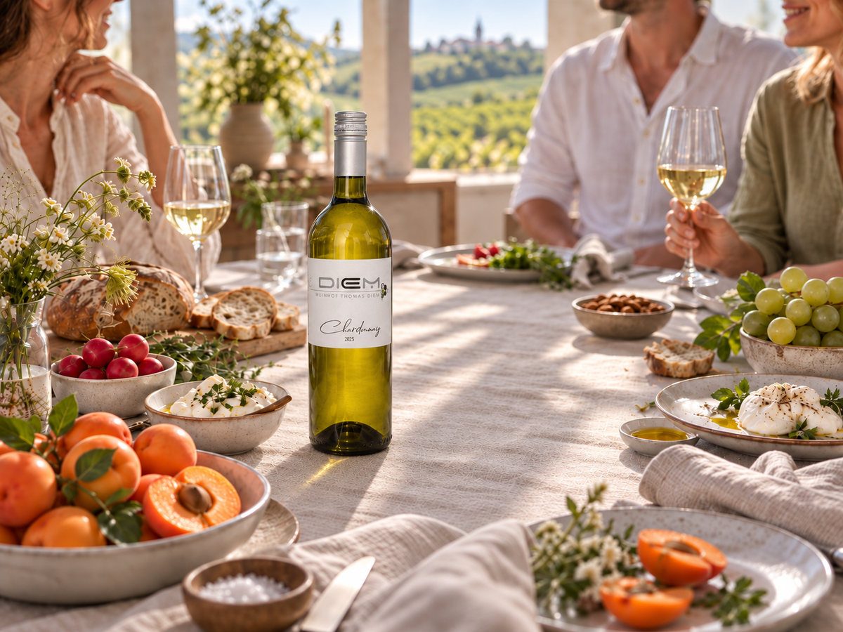Fein & elegant – Chardonnay vom weinhof.thomas.diem beim gemeinsamen Essen im Weinviertel